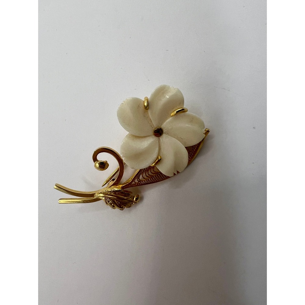 Vintage Sorrento Brooch 12K Gold Filled Carved Shell Flower Filigree‎ Italy - Picture 5 of 16